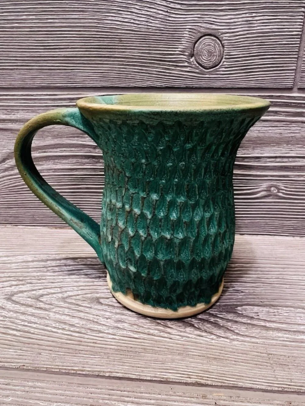 Handmade Ceramic Matte Glaze Coffee Cup Mug Artist Signed Rustic Green Textured